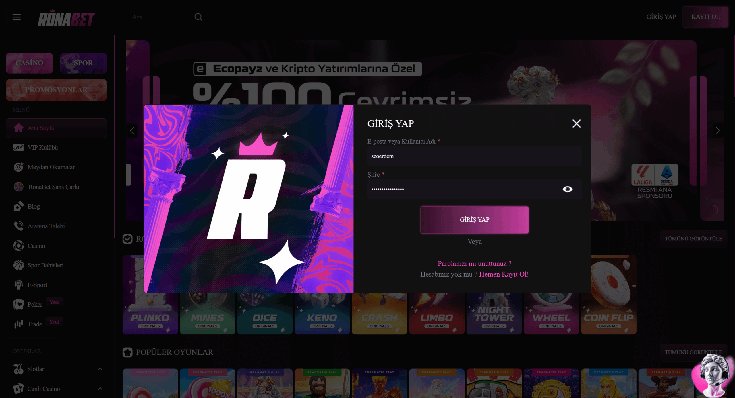 Ronabet Giriş Ekranı
